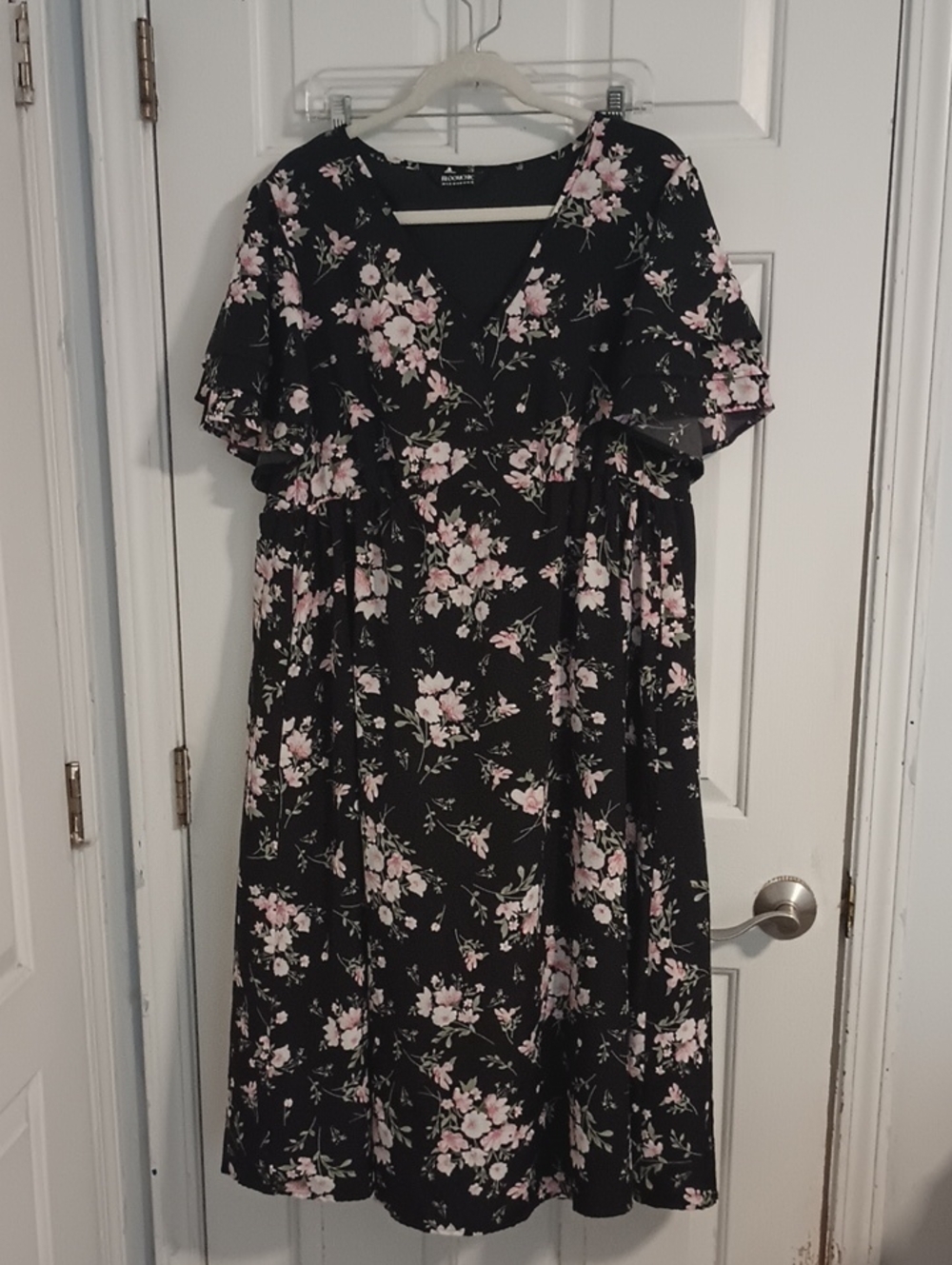 BloomChic Black Midi Dress with Pink Floral Print